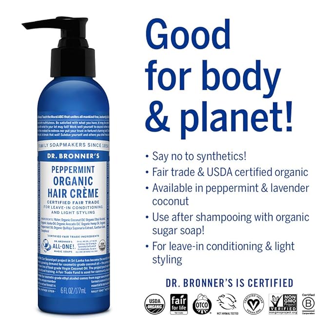 Dr. Bronner's - Organic Hair Crème (Peppermint, 6 Ounce) - Leave-In Conditioner and Styling Cream, Made with Organic Oils, Hair Cream Supports Shine and Strength, Nourishes Scalp, Non-GMO