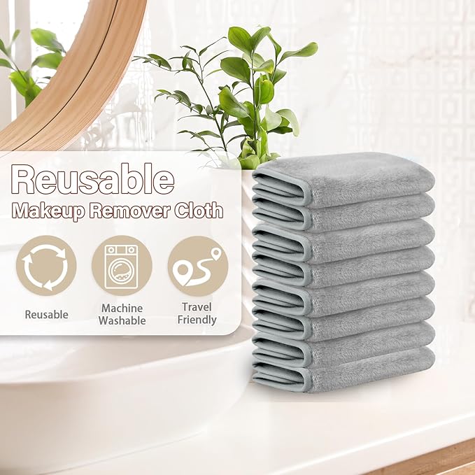 Nugilla Makeup Remover Cloths, 8 Packs Makeup Remover Towels Reusable Face Wash Cloth, Soft Makeup Remover Microfiber Face Cloth for Women(Light Grey)