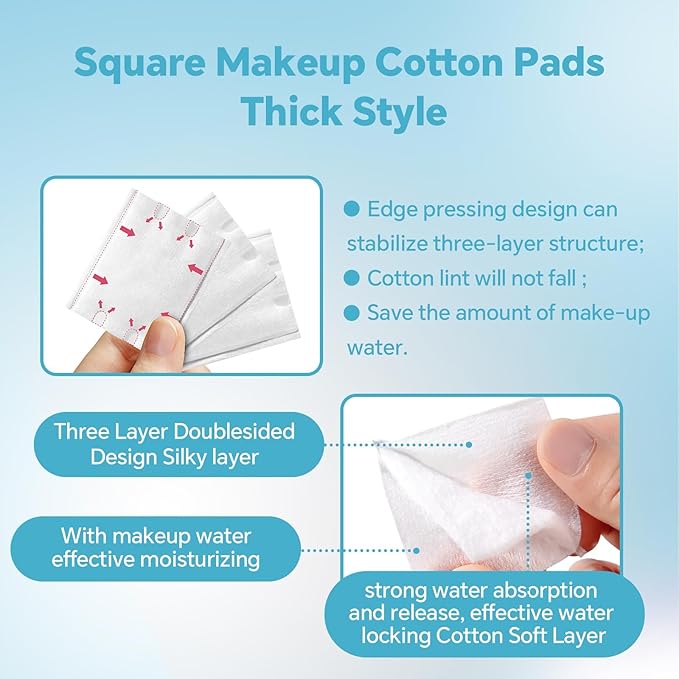 Square Cotton Pads for Face (500 Count) - 100% Pure Cotton, Soft Lint-Free Makeup Remover Pads for Facial and Eye Use, Double-Sided Design to Save Water, Hypoallergenic (100 Thick & 400 Ultra-Thin)