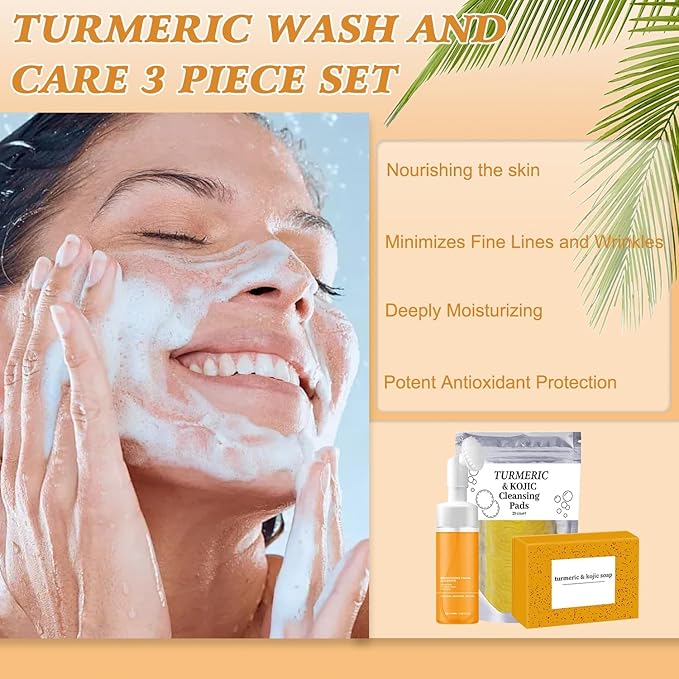 4Pcs Turmeric Wash and Care Three Piece Set, Turmeric Trio: Facial Wash, Cleansing Mousse & Soap for Skin Care, Turmeric Cleansing Exfoliating Pads, Turmeric Face Wash for Face & Body