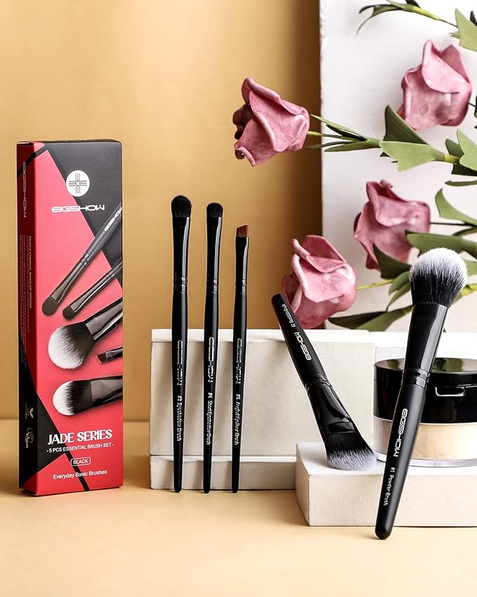 EIGSHOW 5Pcs Everyday Makeup Brush Set for Foundation Powder Eyeshadow Eyeliner, Vegan & Cruelty-Free, Travel Basic Make Up Brushes Kit for Women - Black