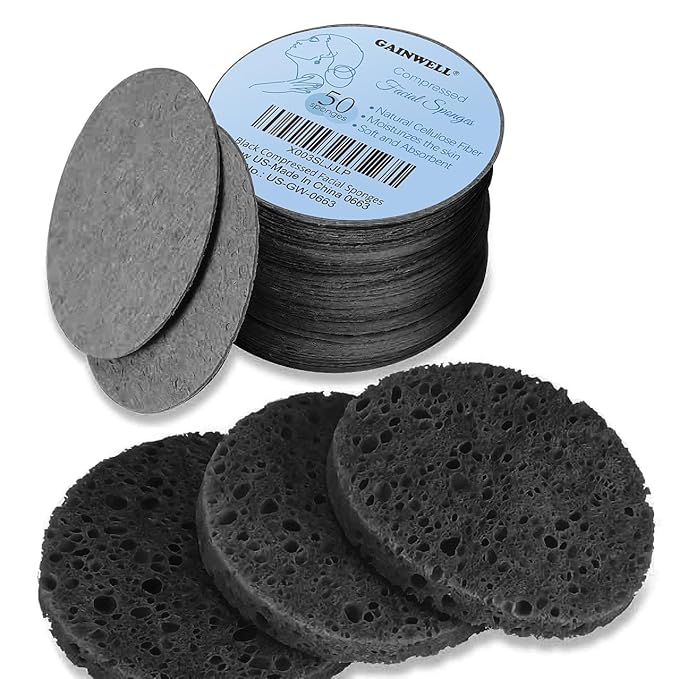 50-Count Black Compressed Facial Sponges for Daily Facial Cleansing and Exfoliating, 100% Natural Cosmetic Spa Sponges for Makeup Remover, Reusable