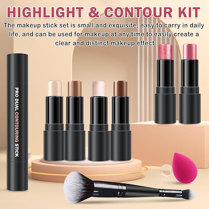 6 Colors Cream Contour Stick Makeup Contour Kit,Double-ended Cream Bronzer Stick,Highlighter Stick,Cream Blush Stick,Lightweight Contour Makeup Kit for Beginners - Set A