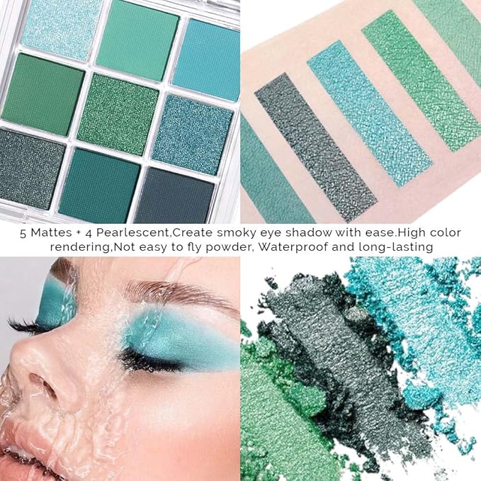 9Colors Green Avocado Color Colorful Bright Eyeshadow Palette Makeup,Matte Sparkle Eye Shadow Palette Long Lasting Waterproof,Emerald Bright Eyeshadow Palette