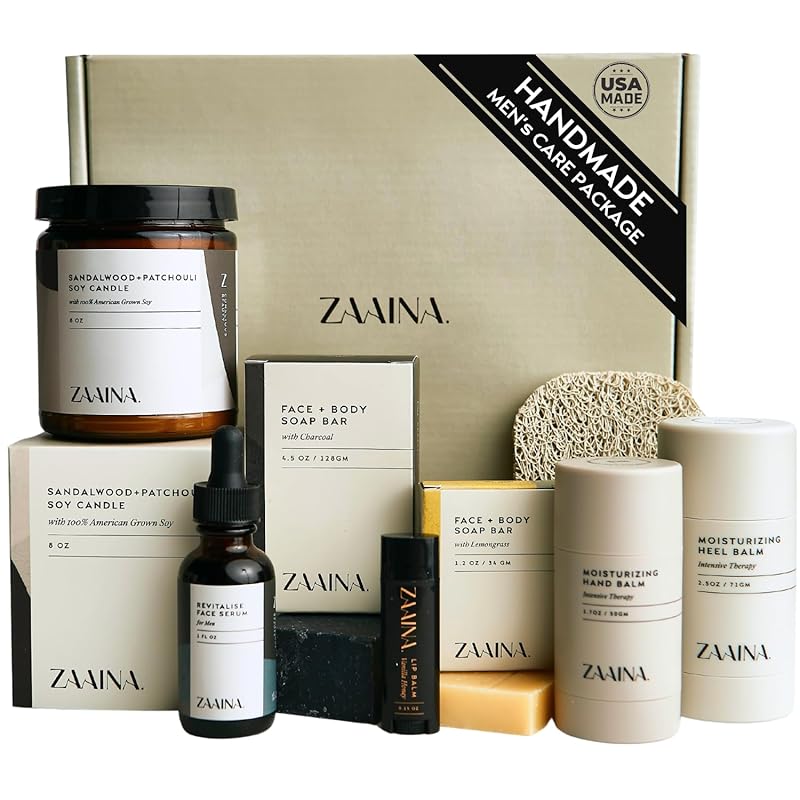 ZAAINA Men’s Self Care Kit – Luxury Spa Gift Set for Men with Face Serum, Soaps, Heel Balm & Lip Balm – Grooming Care Package for Men – Birthday & Relaxation Kit (Premium Set with Sandalwood Candle)