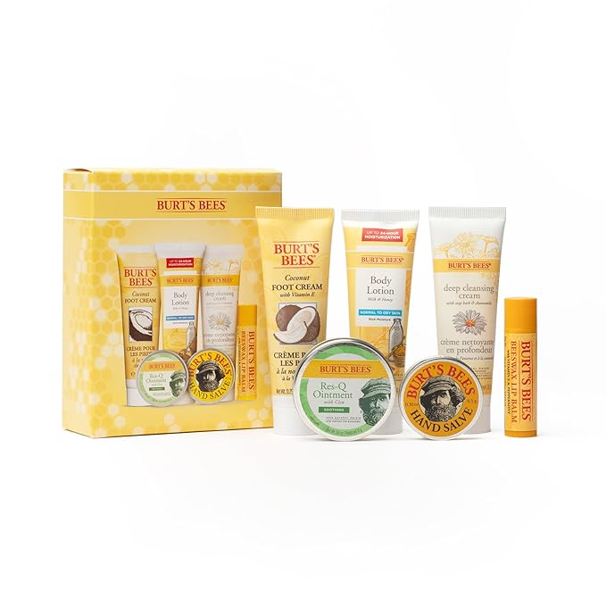 Burt's Bees Christmas Gifts, 6 Stocking Stuffers Products, Timeless Minis Kit - Original Beeswax Lip Balm, Coconut Foot Cream, Milk Honey Body Lotion, Deep Cleansing Cream, Res-Q Ointment & Hand Salve