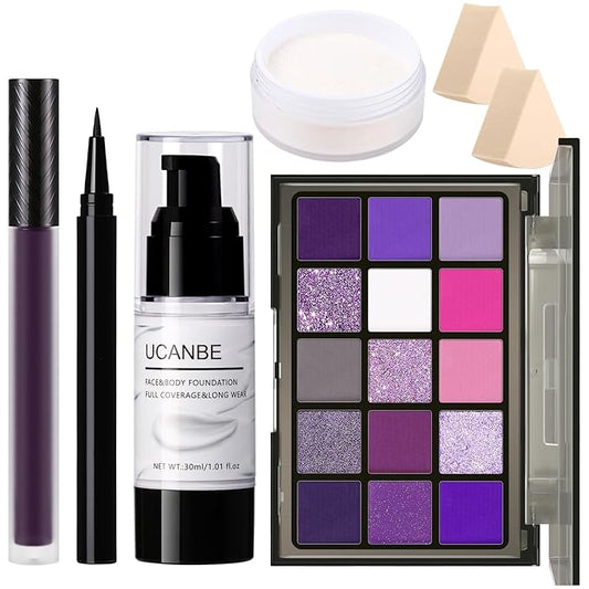 UCANBE Purple Halloween Makeup Kit โ Witch Devil Sorceress Ursula Makeup Set for SFX Costume Cosplay - Eyeshadow Palette, White Foundation, Purple Lipstick, Black Eyeliner, Setting Powder & Sponges