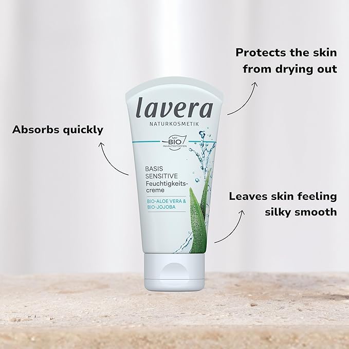 lavera Basis Sensitive Moisturizing Cream – Organic & Vegan Face Moisturizer with Aloe Vera & Shea Butter - Natural Skin Care for All Skin Types - 1.69 Fl Oz