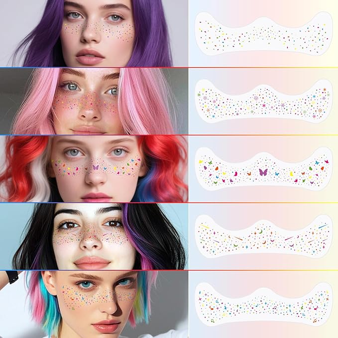 10Pcs Rainbow Face Makeup Patches, Glitter Freckles Face Tattoo for Teenagers & Young Women, Sparkle Freckles Waterproof Face Glitter Freckles for Christmas (10PcsH Rainbow)