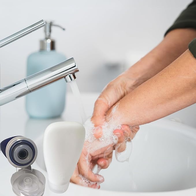 Travel Bottles for Toiletries, TSA Approved 3oz Leak Proof Silicone Refillable Squeeze Travel Size Containers BPA Free for Cleansers, Lotions, Shampoo 2pk (Navy Blue-White)