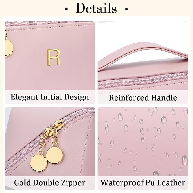 Birthday Gifts for Women Teen Girl, Personalized Initial Makeup Organizer Bag Set, Open Flat Travel Cosmetic Bag With Clear Divider and Handle(Pink,R)