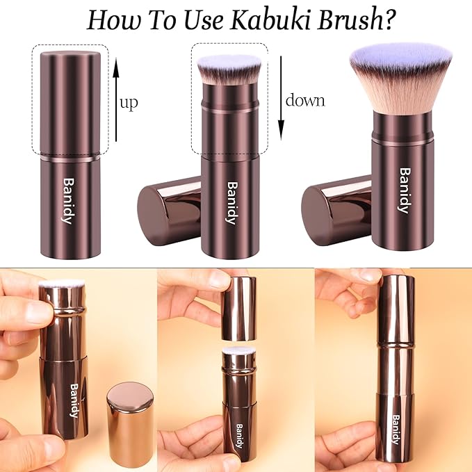 Makeup Brush Kabuki Face Brushes Retractable Travel Blush Brush Portable Flawless for Foundation, Powder Blush, Bronzer, Buffing, Liquid, Cream, Cruelty Free with Cover(Flat-Head)