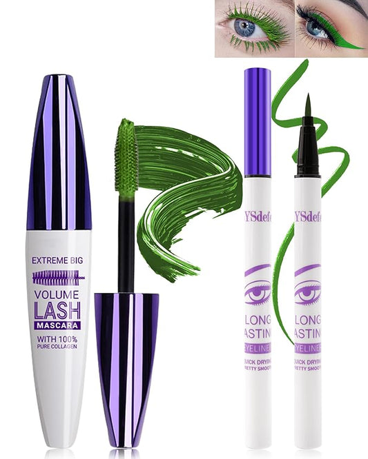 Green Mascara Liquid Eyeliner Set,5D Waterproof Fiber Colored Mascara Volume and Length,Longlasting Smudgeproof Color Eye Liner Pen,Cosplay Party Stage Use,St. Patrick's Day Makeup Gift for Women Girl