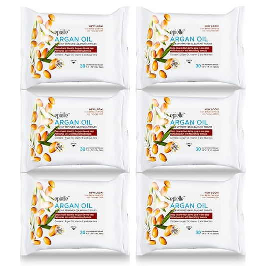 Epielle Argan Oil Makeup Remover Wipes, Gentle Daily Facial Cleanser Towelettes, Remove Dirt, Oil & Waterproof Mascara, Hypoallergenic & Alcohol-Free, 30 Count (Pack of 6)