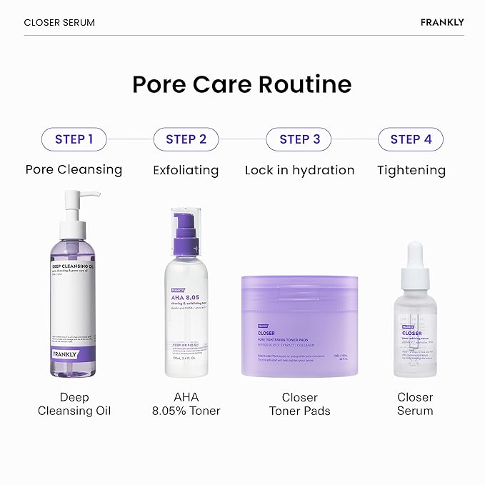 FRANKLY Pore Perfecting Set : Closer Serum, Toner Pads & Cleansing Oil | Deep Cleansing, Hydration, Pore Refining | For Sensitive, Oily & Acne-Prone Skin | Vegan | glass skin korean skincare set