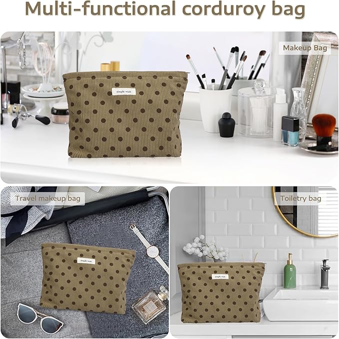 Wudygirl Travel Makeup Bag Cute Cosmetic Bag Large Capacity Makeup Pouch Make Up Organizer for Women and Girls Portable Toiletry Bag Corduroy Zipper Pouch (Brown Polka Dots)