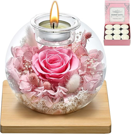 Birthday Gifts for Women,Eternal Preserved Real Rose with Scented Candle (Bergamot9Pcs+Rose9Pcs),Preserved Rose in Glass Dome, Christmas Valentine Mothers Day Gifts for Her Mom Girlfriend,Home Decor