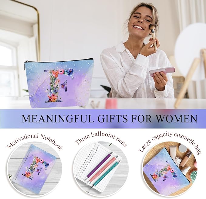 Personalized Gifts Monogrammed Birthday Gifts for Women, Aunt Grandma Retirement Christmas Initial 20 oz Tumbler, Makeup Bag Cup Ballpoint Pens Journal Notebook 6 Set, (Aesthetic Purple Flower F)