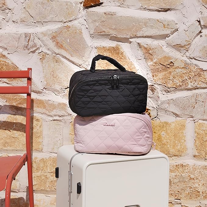 LOVEVOOK Travel Makeup Bag for Women, 2Pcs Set Puffer Waterproof Cosmetic Organizer, Large Capacity Pouch Open Flat Toiletry Bag with Divider & Handle, Portable Gift for Her, Black