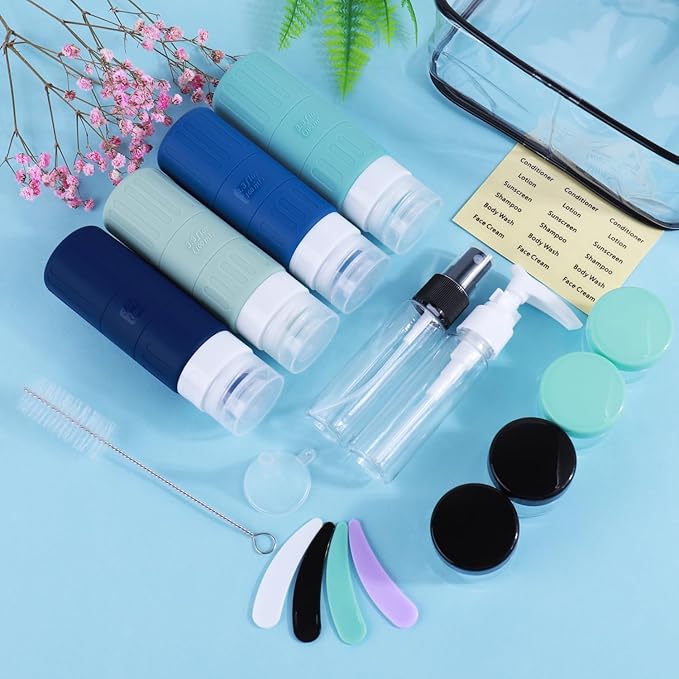 GLAMFIELDS Travel Bottles for Toiletries,TSA Approved 3.3oz Size LeakProof Silicone Toiletry Containers for Shampoo, Conditioner,Easy to Squeeze,Portable Travel Essentials for Lotion(18 Pack) Blue