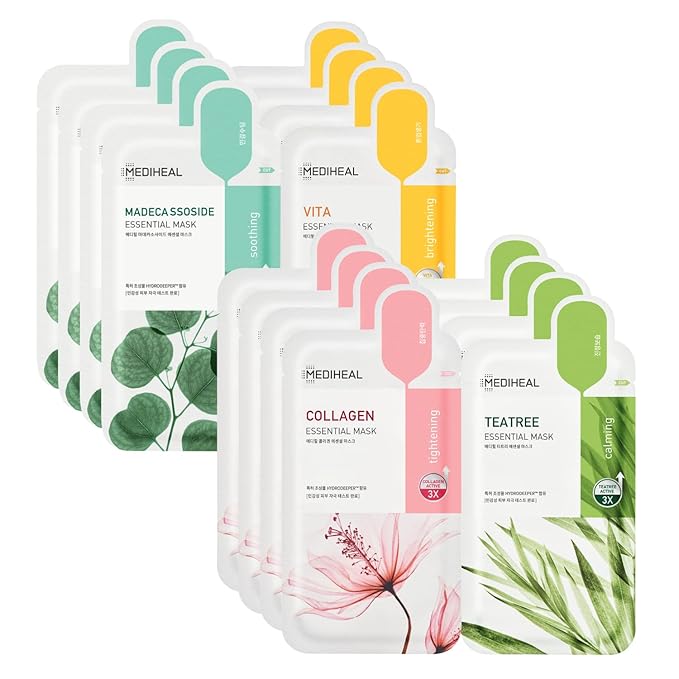 Mediheal Sheet Mask New Essential HERO 16 pack (Collagen, Tea Tree, Madecassoside, Vita) | Korean Skincare Facial Sheet Mask Combo Kbeauty Korean Glass Skin