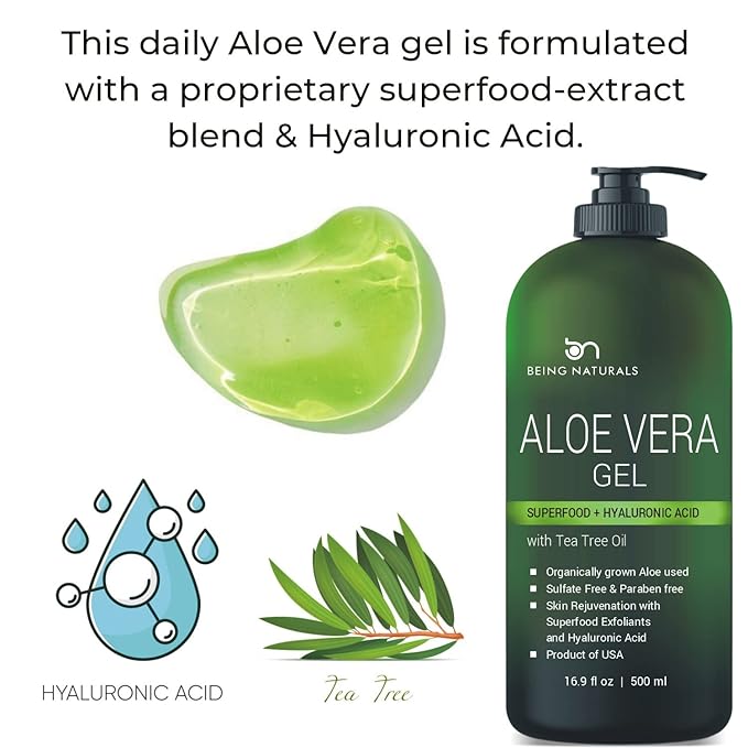 Aloe vera Gel - from 100% Pure Organic Aloe - Natural Raw Moisturizer for Face, Body, Hair. Perfect for Sunburn, Acne, Razor Bumps 16.9 fl oz (Tea Tree, Superfood, Hyaluronic Acid)