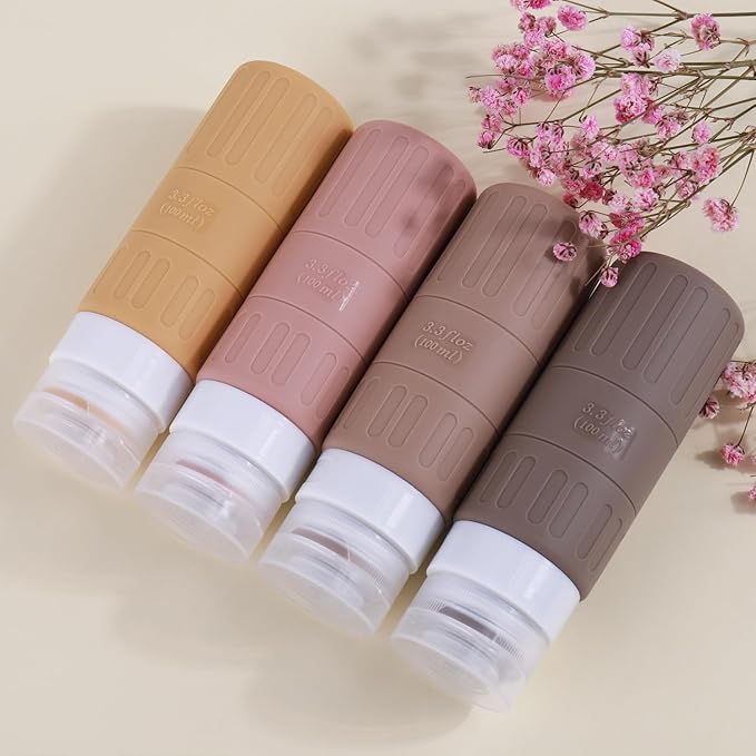 GLAMFIELDS Travel Bottles for Toiletries,TSA Approved 3.3oz Size LeakProof Silicone Toiletry Containers for Shampoo, Conditioner,Easy to Squeeze,Portable Travel Essentials for Lotion(18 Pack) Apricot