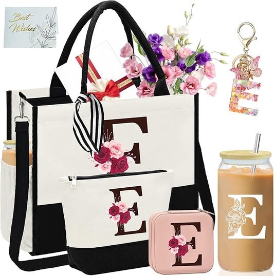 Birthday Gifts for Women,Initial Canvas Tote Bag,Monogrammed Gift for Women,16oz Initial Glass Cup,Makeup Bag with Zipper,Jewelry Organizer Box,Personalized Gifts for Mom-E