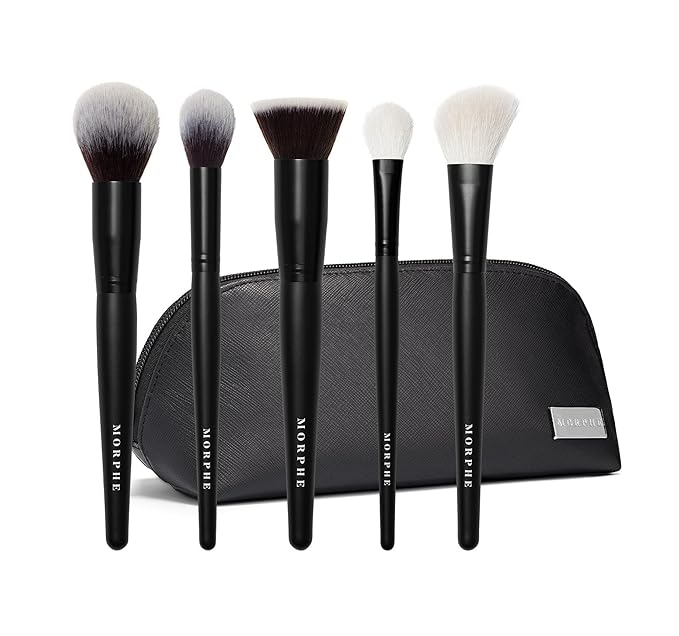 Morphe Face The Beat Makeup Brushes - 5 Piece Makeup Brush Set with Foundation, Blush, Contour & Blending Brushes - Made with Synthetic Bristles & Includes Makeup Brush Case (5 Count)