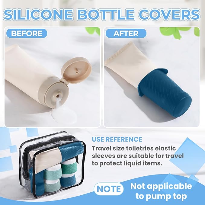 16Pack Travel Bottles for Toiletries, TSA Approved Travel Size Toiletries Containers Set, Silicone Leak Proof Refillable Bottles Elastic Sleeves Creams Jars Accessories Kit W/Clear Bag (Mint Green)