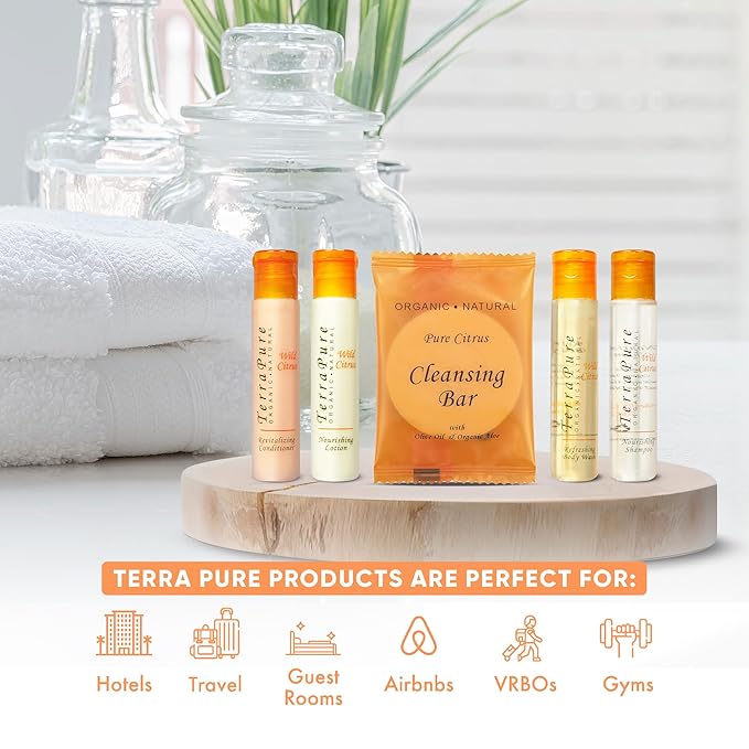 Terra Pure Wild Citrus Toiletries Set | 1-Shoppe Amenities Kit | 1oz Shampoo, Conditioner, Body Wash, Lotion, 1oz Bar Soap | 150 Pieces