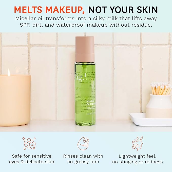Fig.1 Micellar Oil Cleanser for Face - Makeup Remover Cleansing oil, Facial Cleanser - Squalane & Grapeseed Oil Formula, Cleanse without Clogging Pores, Acne-Prone Facial Skincare, Refillable 3.4 Oz