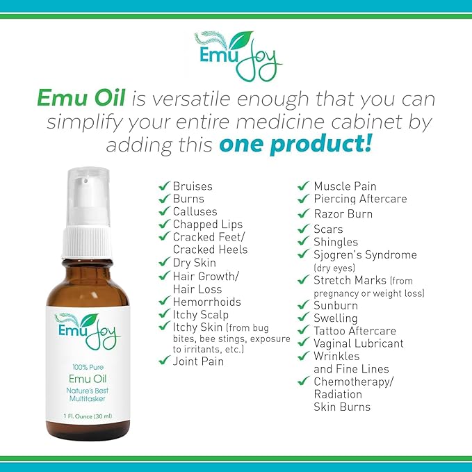 Emu Joy Emu Oil Organic - 100% Pure, Made in the USA - Emu for Skin, Face, Hair, and Nails, Piercing Bump Oil & Tattoo Aftercare (New Packaging, 1 Fl Oz)