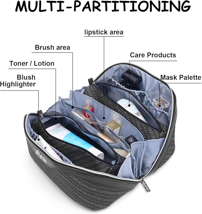 BOYATU Travel Makeup Bags for Women: Large Cosmetic Bag Waterproof - Vegan Leather Make up Bag Set of 3 - Compact Toiletry Organizer with Compartments & Handle & Divider (Z-Black)