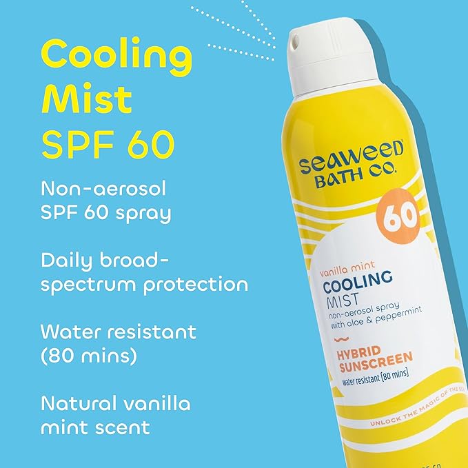 Seaweed Bath Co. Cooling Mist SPF 60 Sport Broad Spectrum Hybrid Sunscreen Spray, 6 Ounce, Sustainably Harvested Seaweed, Aloe, Peppermint