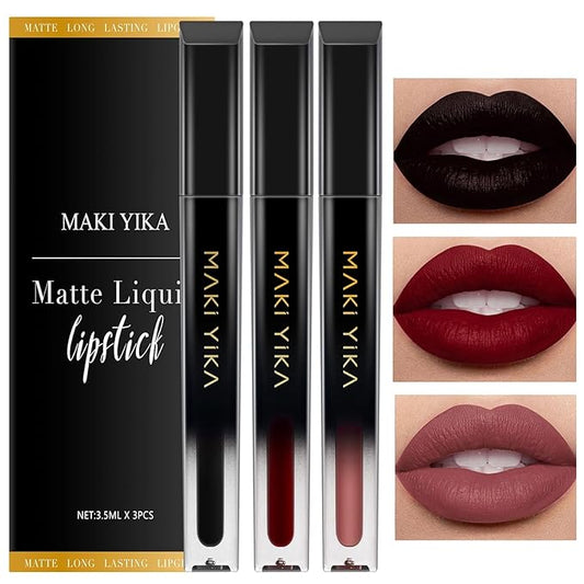 MAKI YIKA 3Pcs Matte Liquid Lipstick Makeup Set, Black Dark Red Nude Lipstick Long Lasting Smudge Proof Transfer Proof Lip Makeup |Black/DarkRed/Nude