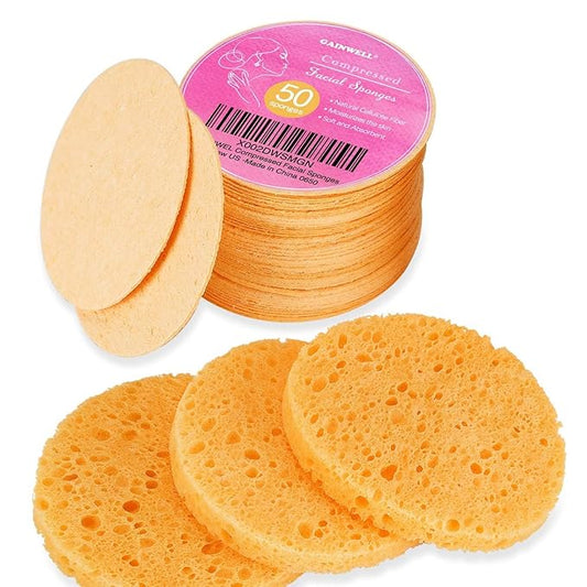 50-Count Compressed, GAINWELL Cellulose, 100% Natural Cosmetic Spa sponges for Facial Cleansing, Exfoliating Mask, Makeup Removal