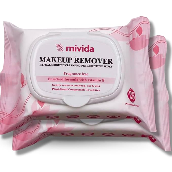 mivida Hypoallergenic Makeup Remover Wipes 2 Pack of 25 Count | Biodegradable Facial Cleansing Make up Remover Face Wipes with Vitamin E | Fragrance Free, Alcohol Free, Plant Based 50 Count wipes