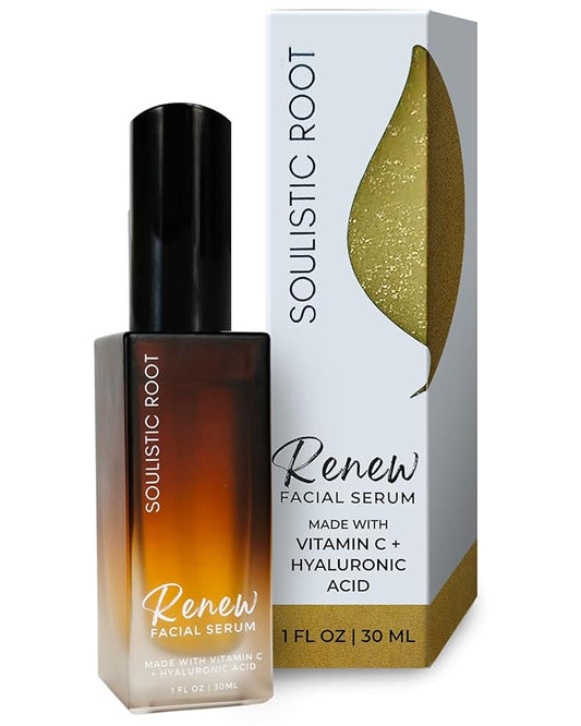 Renew Facial Serum w/Vitamin C & Hyaluronic Acid – Skincare Blend for Face, Sensitive Skin, Brightening Care, Vitamin C Serum for Dark Spots & Even Tone – 1 oz Bottle