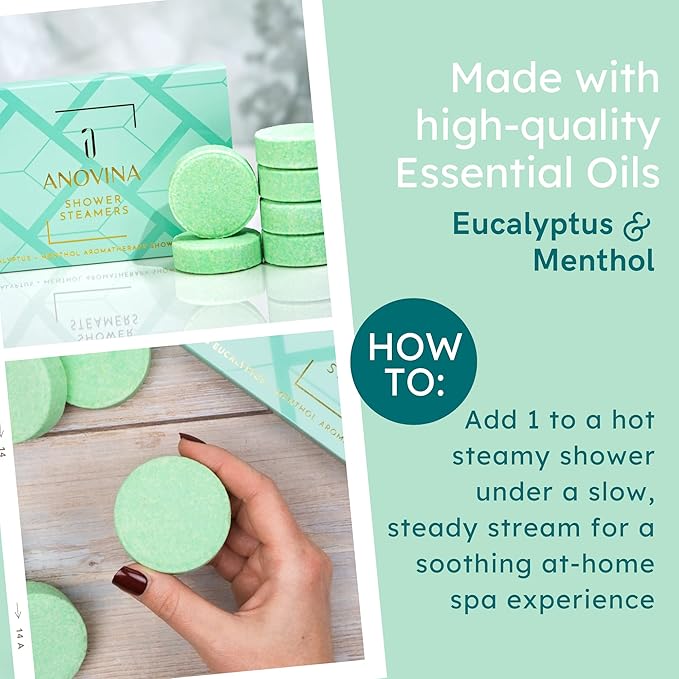 Anovina 12XL Eucalyptus Shower Steamers – Made in USA with Menthol for Aromatherapy. Enjoy a Spa-Like Shower Experience!