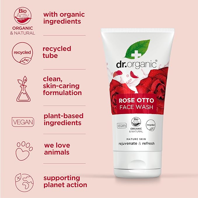 Dr. Organic Rose Otto Face Wash | Cleanses and Rejuvenates Skin, Promotes Radiance, Natural, Certified Organic, Paraben & SLS-Free, 150 mL / 5.1 fl oz