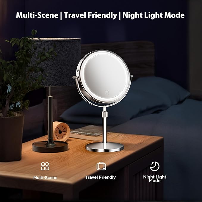 Makeup Mirror, 1X/30X Double Sided Magnifying Mirror/Switch with 3 Colors, 3200 mAh Rechargeable Vanity Mirror with 360° Rotation, Brightness Adjustable Magnification, Women Gift