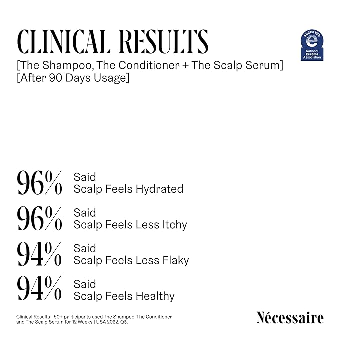 Nécessaire The Hair Duo - Shampoo and Conditioner Set 2 x Full-Size. The Shampoo + The Conditioner. Hyaluronic Acid + Vitamin B Complex. Fragrance-Free. Approved by the National Eczema Association.