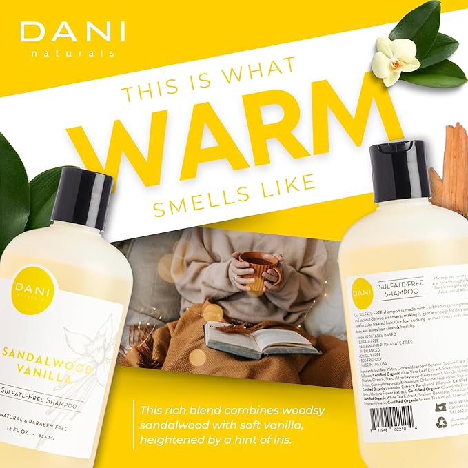 DANI Naturals Shampoo with Sandalwood Vanilla Scent promotes hair thickening, strengthens follicles, and supports hair re-growth. Sulfate-free, nourishing, and soothing