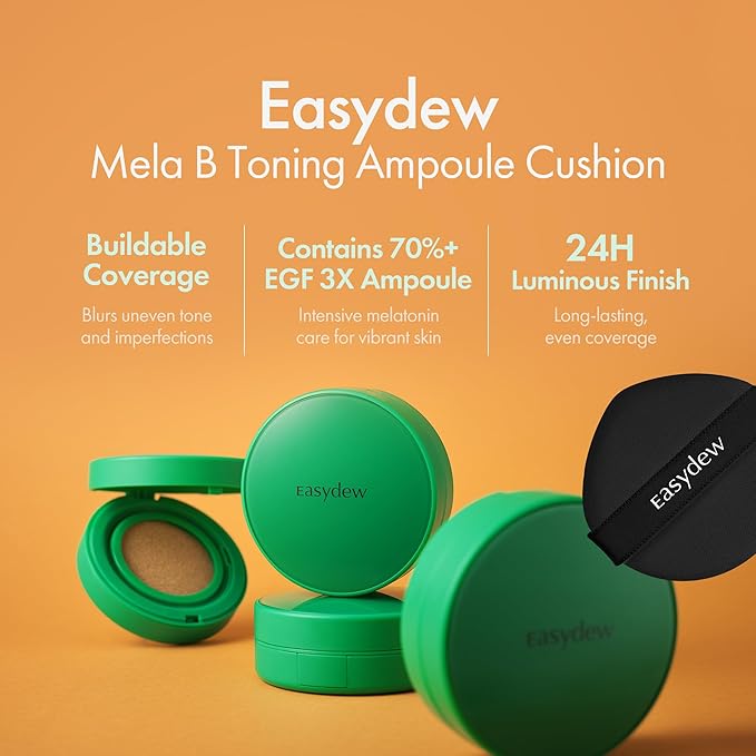 Easydew Mela B Toning Ampoule Cushion - 3-in-1 Age-Defying Sun Shield Full Coverage Cushion Foundation with Niacinamide & Hyaluron-Vital C - Face Makeup Korean Skin Care 0.45 oz (#21 Beige)