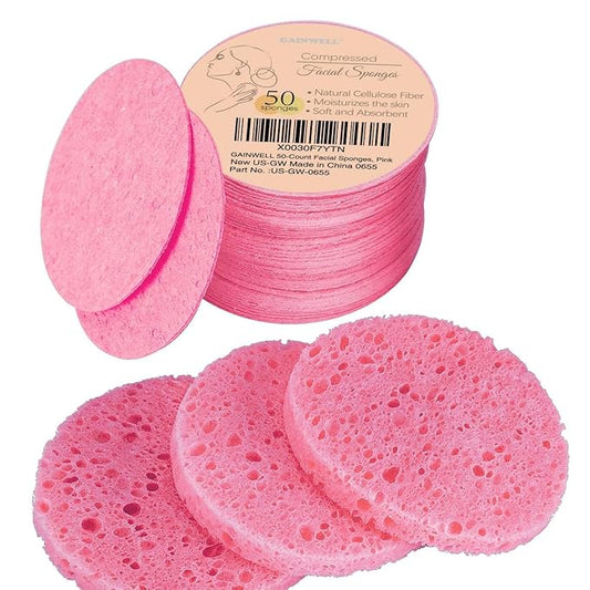 50-Count Compressed Facial Sponges for Daily Facial Cleansing and Exfoliating, 100% Natural Cosmetic Spa Sponges for Makeup Remover, Reusable, Pink