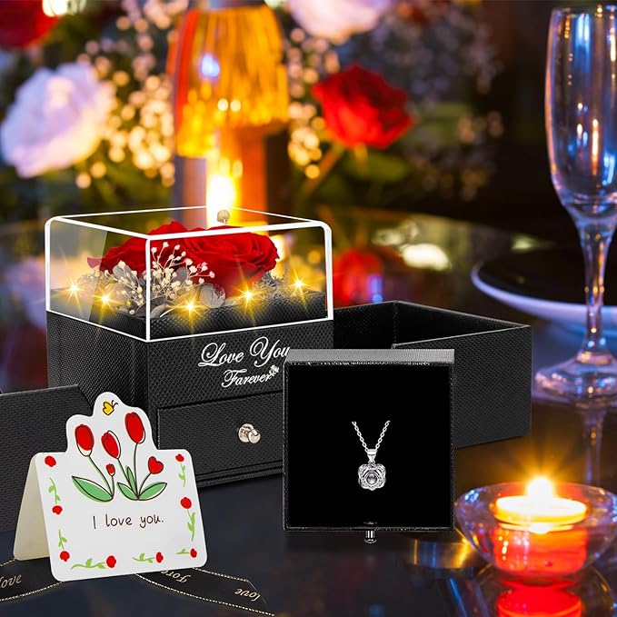 2 Preserved Real Rose with Heart I Love You Necklace- Eternal Rose Birthday Gifts for Women Wife Girlfriend Her Mom Grandma on Festivals Gifts Christmas Valentines Mothers Day Anniversary-Red Rose