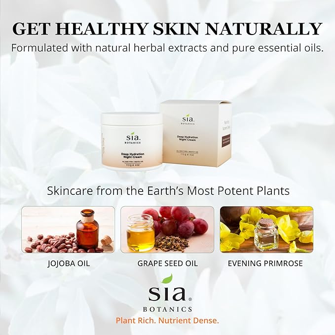 Sia Botanics Deep Hydration Night Face Cream (118ml/4oz Tub) | Facial Moisturizer w/Jojoba, Evening Primrose, Vitamin E | Natural, Clean, Botanical Skincare for Women