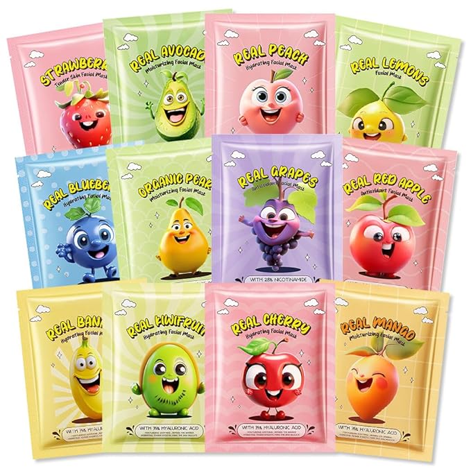 12 Pack Fruit Kids Face Mask,Pink Face Masks Skincare Spa Day Kit Supplies,Spa Party Favors for Teens Girls Women,Sheet Facial Mask Skincare Gifts Set,Moisturize Soothe for All Skin Types
