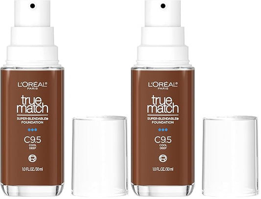 L'Orรฉal Paris True Match Super-Blendable Foundation, Medium Coverage Liquid Foundation Makeup with SPF 17, C9.5, Deep, 1 Fl Oz (Pack of 2)
